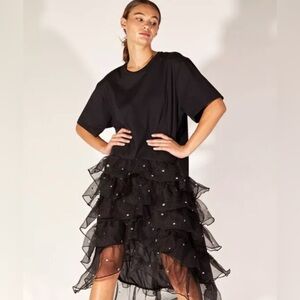 NEW Cynthia Rowley Fete Ruffle Tee Dress Size Small Black Rhinestone Party NWOT